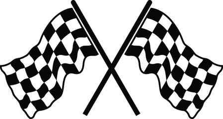 Obraz premium Detailed crossed racing checkered flags vector silhouette icon with solid handles for professional motorsport tournament and speedway event branding