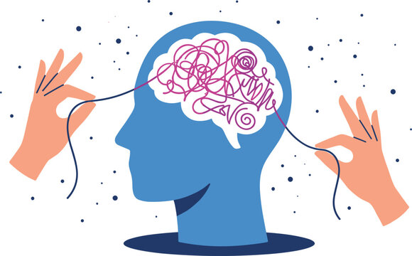 Psychotherapy vector illustration showing human head profile with tangled brain thoughts untangled by supporting hands