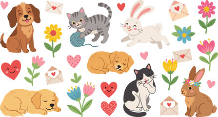 Obraz premium Cute Cartoon Domestic Pets and Valentine Elements Vector Set with Puppy Kitten Rabbit Hearts and Love Letters for Greeting Card Designs