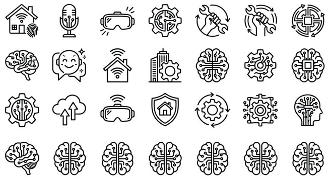 Smart home automation and neural network artificial intelligence line icon set for technological web layouts