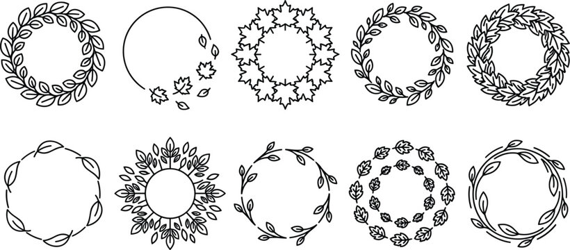 Decorative circular floral and leaf motifs in a simple line drawing style isolated on white background