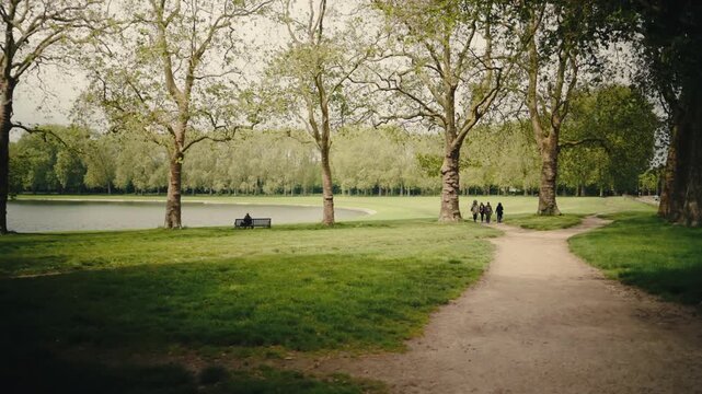 A tranquil park scene featuring a winding dirt path through lush green lawns flanked by mature birch and deciduous trees, with a calm lake visible in the background and people leisurely strolling thro