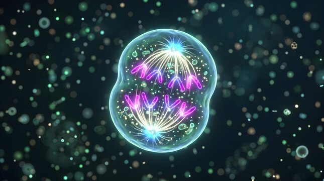 Glowing Microscopic Cell Undergoing Mitosis with Luminous Particles on Soft Background