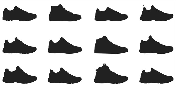 Assortment of Black Silhouette Sneakers and Athletic Shoes on White Background footwear