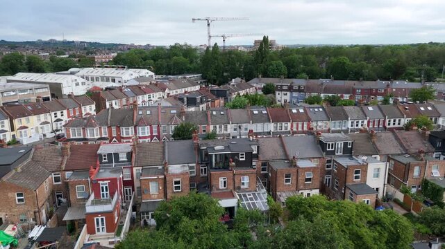 Drone shot residential houses and homes in North London borough of Haringey