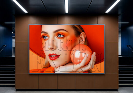 Indoor horizontal advertising banner mockup in subway station