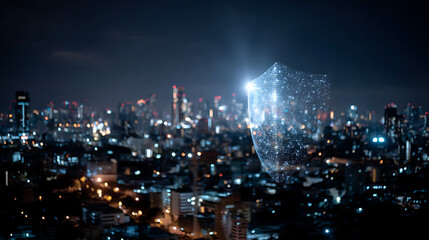 Obraz premium glowing translucent shield floating above a nighttime cityscape representing cyber security technology innovation and futuristic digital protection today