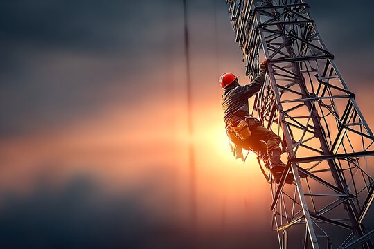 Worker Climbing Electricity Tower at Sunset, Maintenance Person Performing Safety Work on Power Line