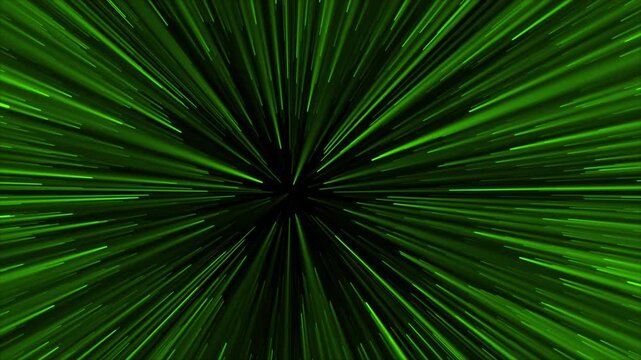 Abstract green hyper jump star warp speed lines zoom exploding on black background video loop