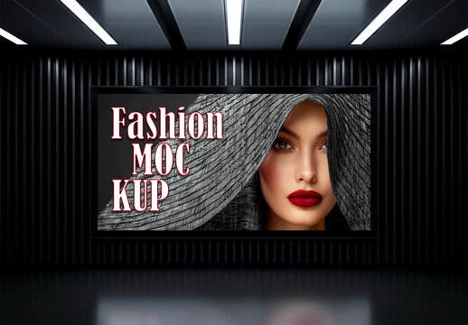 Indoor horizontal fashion banner mockup on dark wall corridor