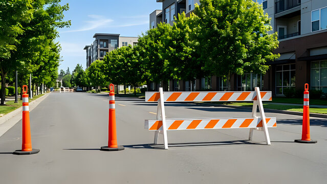 Road closure with orange and white barricades and cones on a city street with trees and buildings