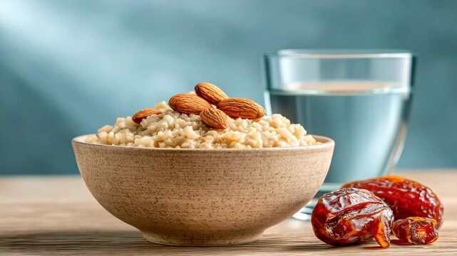 Bowl of oats with almonds and dates at dawn