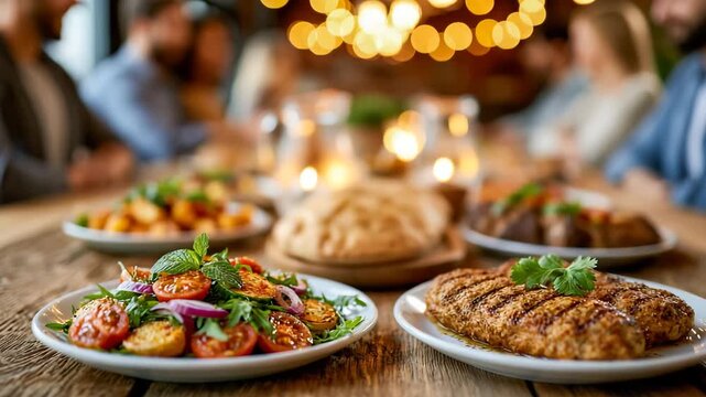 Long dining table laden with a festive feast