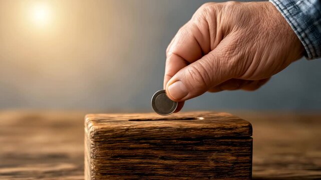 Placing a coin into a wooden charity box
