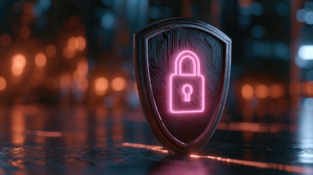 Digital Shield with Neon Padlock Symbol for Cybersecurity and Data Protection.