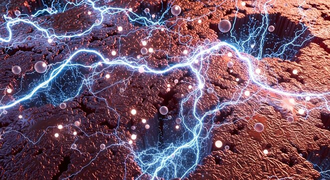 Abstract molten copper texture with flowing metallic veins and glowing embers in industrial setting