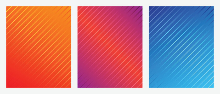 Abstract diagonal line gradient cover vector set. Minimalist colorful background templates with geometric stripe patterns. Vibrant layout designs for posters, flyers, or brochure covers.