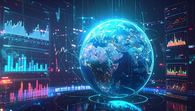 Ultra-detailed 8K futuristic digital globe visualization displaying real-time global data streams, holographic analytics dashboards, glowing network connections, cinematic cyber environment, photoreal