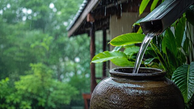 Monsoon Rainwater Flowing from Roof Gutter into Ceramic Storage Barrel