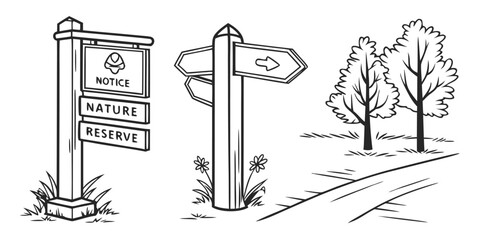Notice nature reserve signpost with direction arrows and path illustration © Sadhin07