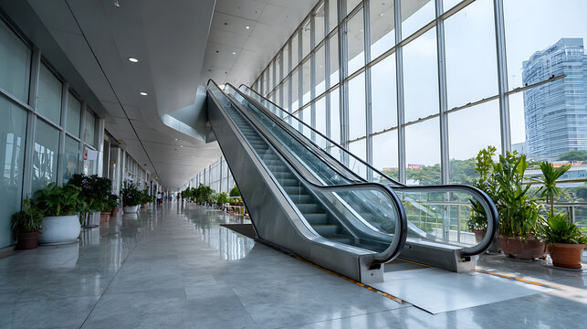contemporary escalator design inside a bright modern mall representing commercial architecture spacious interior and urban shopping center building today