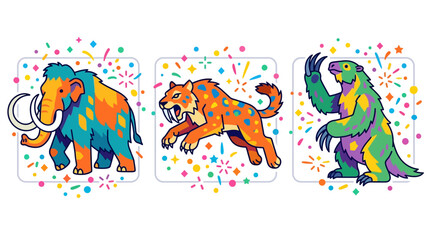 Fototapeta premium Colorful prehistoric animals set featuring a woolly mammoth saber-toothed tiger and giant sloth.