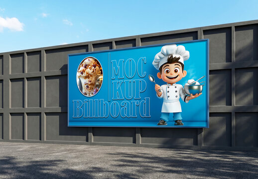 Large horizontal ice cream billboard mockup on dark concrete wall