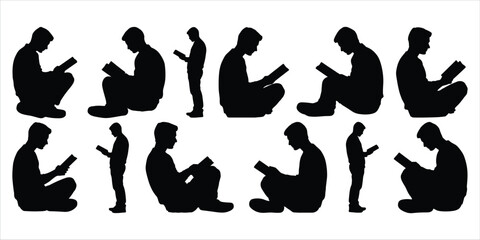 Silhouettes of men reading books in different sitting and standing poses male person