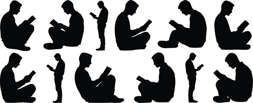 Silhouettes of men reading books in different sitting and standing positions male person