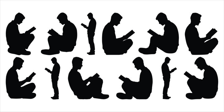 Silhouettes of men reading books in different sitting and standing poses male person