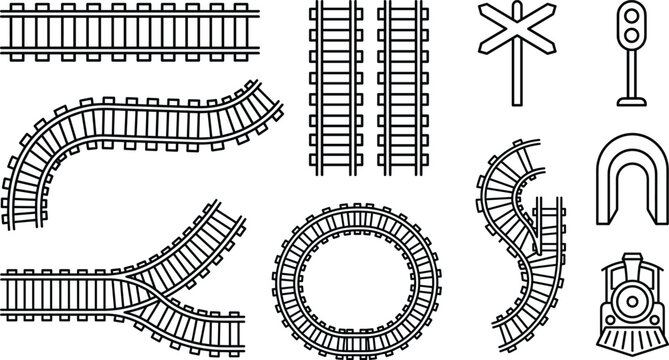 Railway track and train infrastructure line art icons set with tunnel and crossing sign vector illustration.