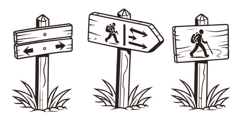 Set of three vector illustrations with hiker signposts showing directions, perfect for outdoor and travel themes © Sadhin07