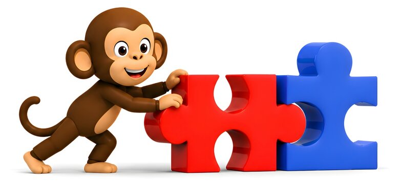 Monkey Connecting Puzzle Pieces Teamwork Concept , 3d Rendering