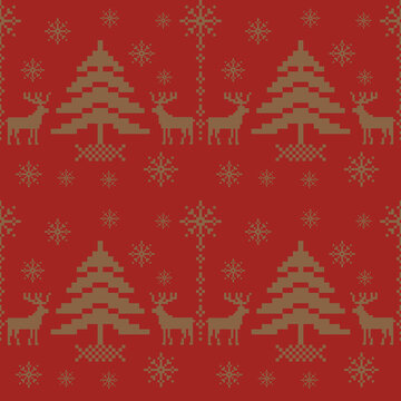 Elegant Christmas Knitted Seamless Pattern with Gold Reindeer and Trees	