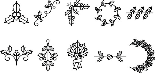 Elegant holly leaf and berry vector ornaments for festive seasonal design isolated on white background © MDMOJIBAR