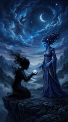 Obraz premium Fantasy goddess and shadow spirit with glowing orb under starry night sky