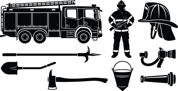 Fire engine icon set with black silhouettes of firefighter truck helmet axe and hose nozzle vector