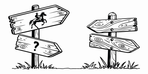 Western cowboy signpost with horse and question mark, blank directional signs © Sadhin07