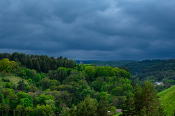 Obraz premium Pine forest valley landscape, dark storm clouds. Dramatic moody scenery with green hills and dense woodlands.