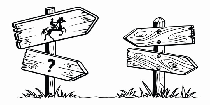 Western cowboy signpost with horse and question mark, blank directional signs