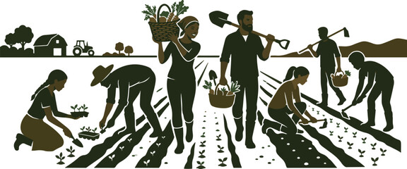 Farmers planting seedlings and harvesting vegetables on a farm with a barn and tractor © Tasfia