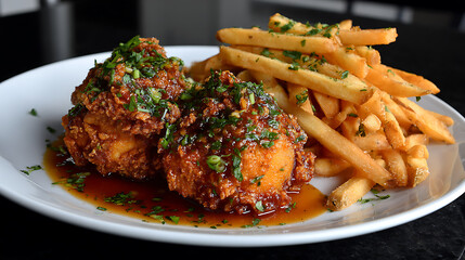 Fototapeta premium delicious crispy fried chicken bites paired with golden french fries on a white bowl representing comfort food and tasty restaurant fast food today closeup