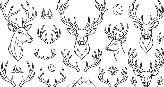 Deer head and antlers line art icons set with mountains pine trees vector illustration.