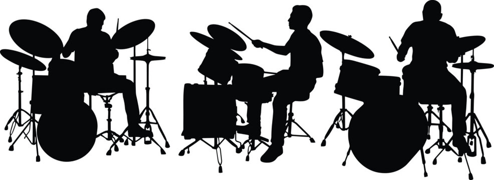 Three black silhouette drummers playing drum kits on white background Keywords: drummer, drums, percussion, musician, music, band