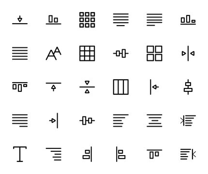 Alignment icon set. Minimal vector icons pack. Includes symbols for align, grid, justify, center, column, indent, text align and more. Editable stroke.