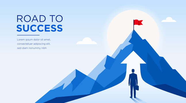 Success mountain business growth vector banner with upward arrow and businessman reaching the peak. Modern blue corporate presentation background for leadership, motivation, strategy, achievement