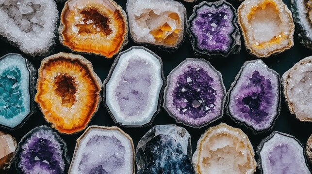 A collection of colorful mineral formations, each with a unique pattern and color.