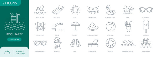 Pool party line icon set, Editable stroke. Vector illustration © RayZigna