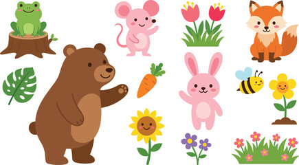 Naklejka premium Cute Cartoon Woodland Animals and Fall Floral Forest Design Elements Set with Bear Fox Rabbit and Frog
