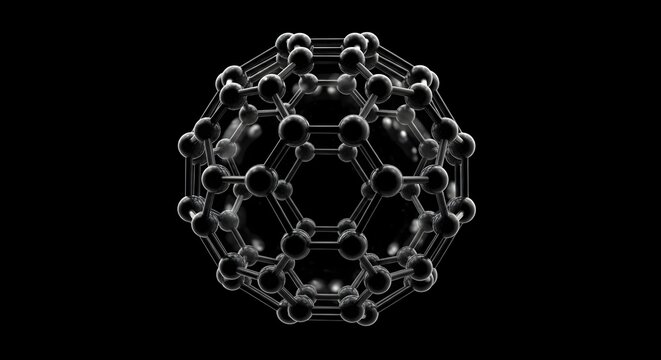 Buckminsterfullerene molecule structure on black background